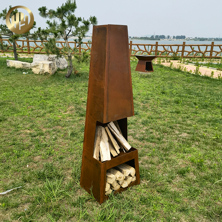 Morden Design Pyramid Rust Color Corten Steel Fire Pit With Wood Storage