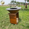 Outdoor Barbecue Round Corten Steel Fire Pit With Rectgular Wood Storage