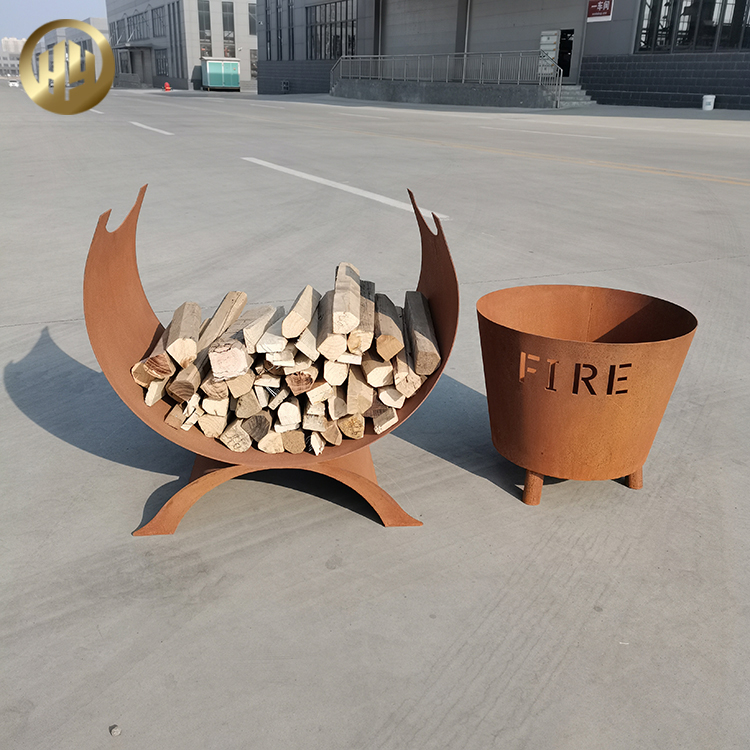 Combination Custom Pattern Round Fire Pit Corten Steel Wood Storage