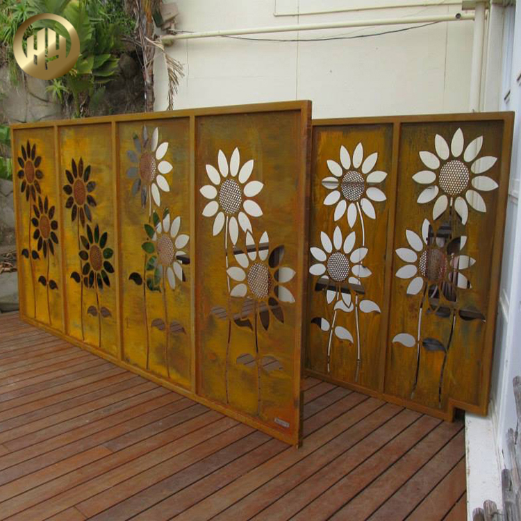Horizontal Design Corten Steel Flower Pattern Rectangular Metal Screen Panel