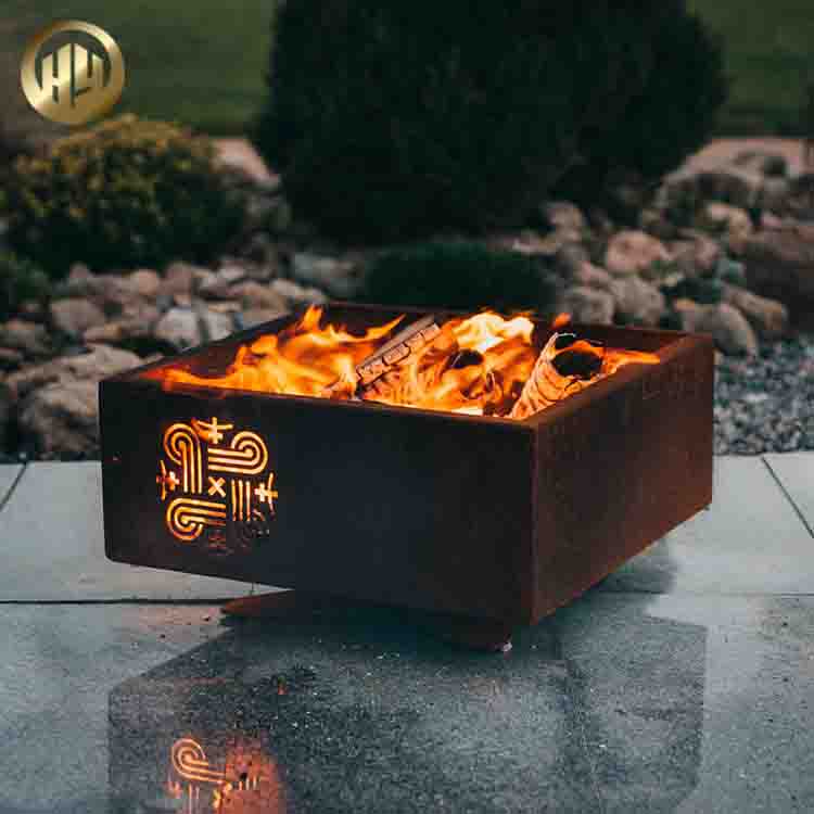 Corten Steel Laser Cut Pattern Square Metal Wood Burning Fire Pit Heater