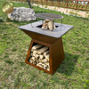Morden Design Rectgular Rusty Outdoor Barbecue Metal FIre Pit With Wood Storage
