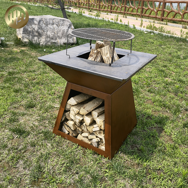 Morden Design Rectgular Rusty Outdoor Barbecue Metal FIre Pit With Wood Storage