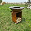 Outdoor Barbecue Round Corten Steel Fire Pit With Rectgular Wood Storage