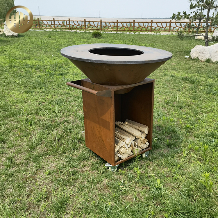 Outdoor Barbecue Round Corten Steel Fire Pit With Rectgular Wood Storage