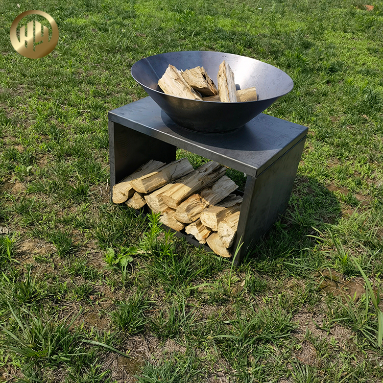 Original Color Corten Steel Round Fire Pit With Rectgular Wood Storage
