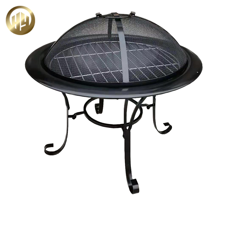 Modern Style Round Fire Pit Barbecue Cover Black Metal Heating Brazier