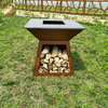 Morden Design Rectgular Rusty Outdoor Barbecue Metal FIre Pit With Wood Storage