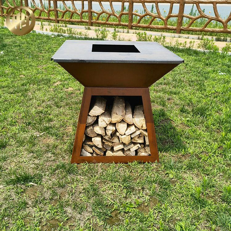 Morden Design Rectgular Rusty Outdoor Barbecue Metal FIre Pit With Wood Storage