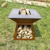 Morden Design Rectgular Rusty Outdoor Barbecue Metal FIre Pit With Wood Storage