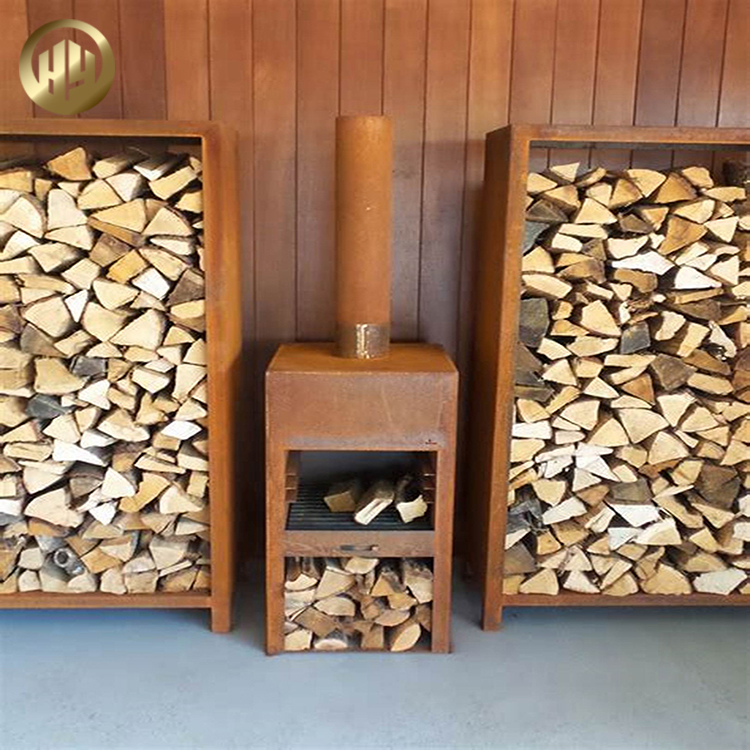 Combination Custom Pattern Round Fire Pit Corten Steel Wood Storage