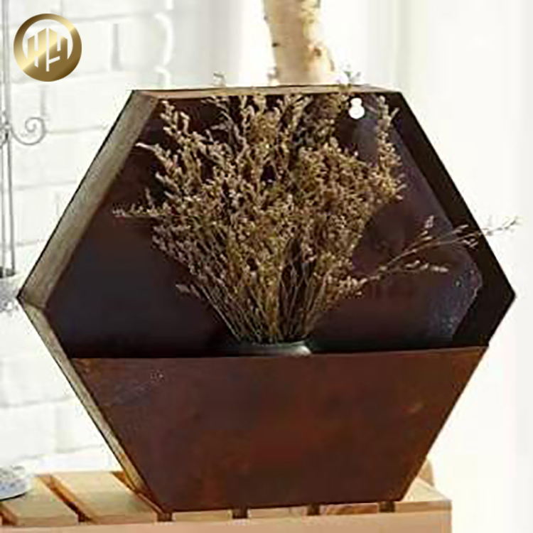 Unique Corten Steel Laser Cut Hexagon Shape Metal Planter Wall Pot