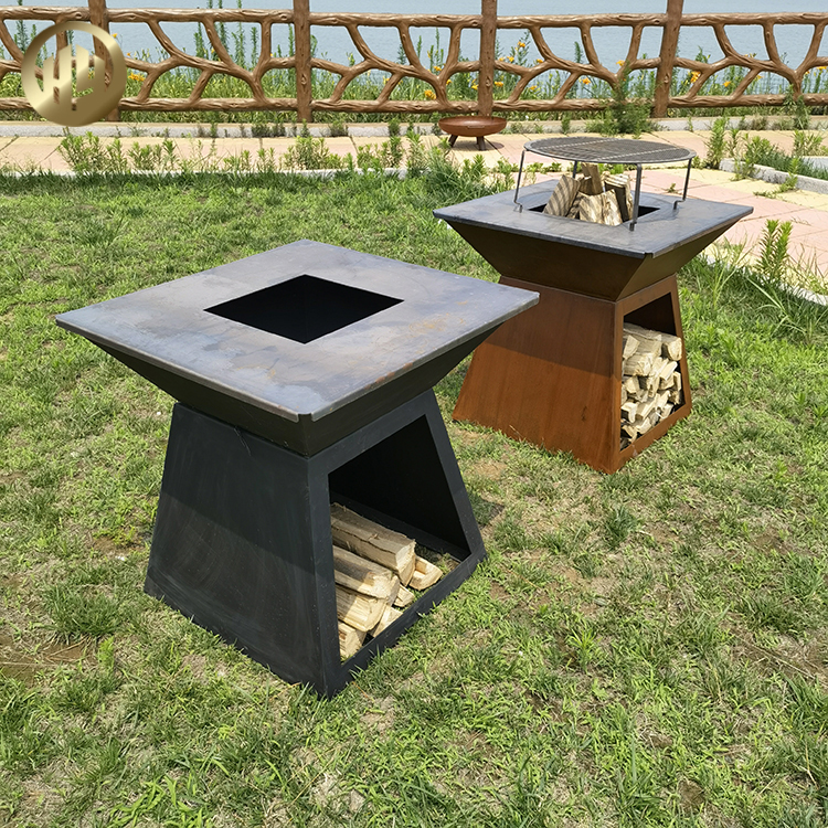 Morden Design Rectgular Rusty Outdoor Barbecue Metal FIre Pit With Wood Storage