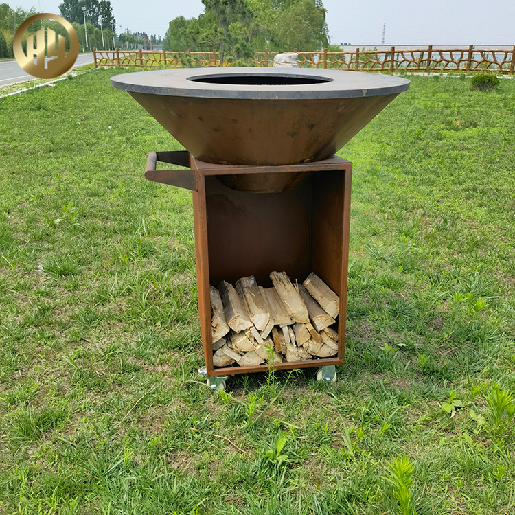 Outdoor Barbecue Round Corten Steel Fire Pit With Rectgular Wood Storage