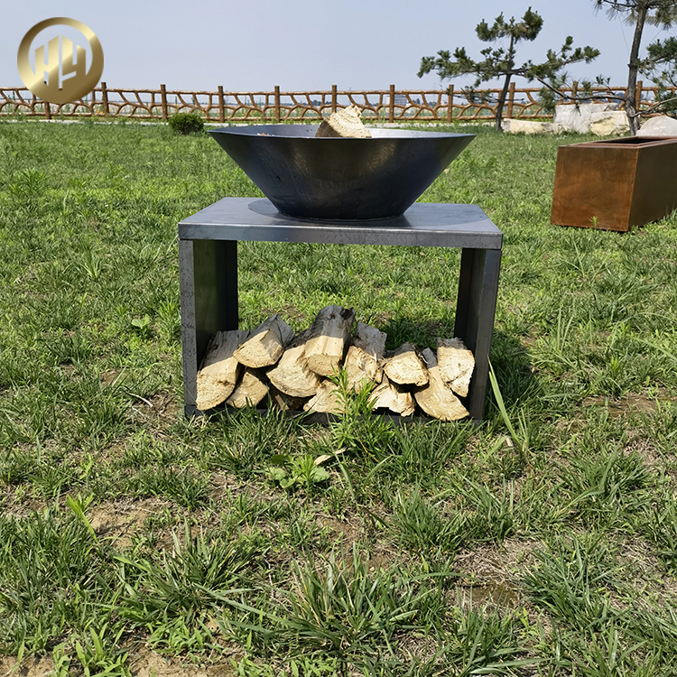 Original Color Corten Steel Round Fire Pit With Rectgular Wood Storage