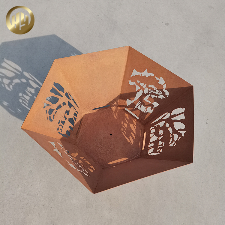Hexagon Corten Steel Custom Pattern Wood Burning Fire Pit Metal Heater