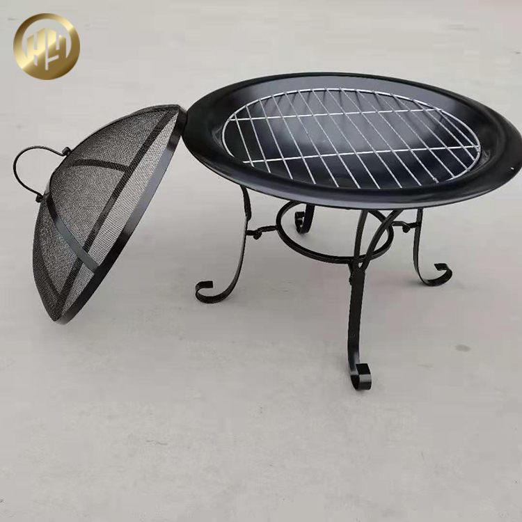 Modern Style Round Fire Pit Barbecue Cover Black Metal Heating Brazier