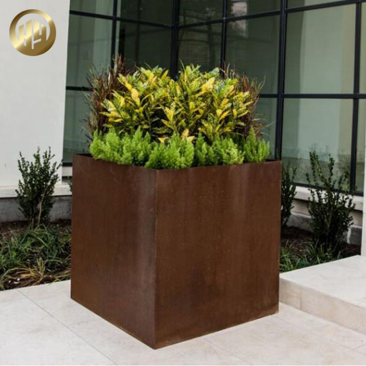 Garden Room Decoration Corten Steel Square Cube Metal Flower Planter
