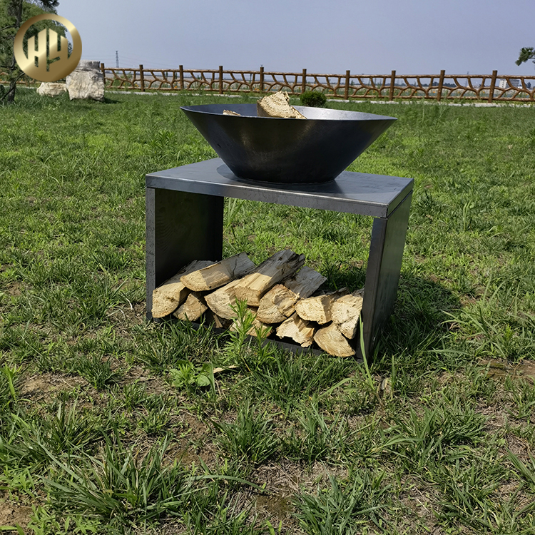 Original Color Corten Steel Round Fire Pit With Rectgular Wood Storage