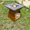 Morden Design Rectgular Rusty Outdoor Barbecue Metal FIre Pit With Wood Storage