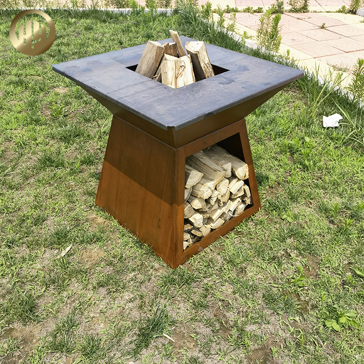 Morden Design Rectgular Rusty Outdoor Barbecue Metal FIre Pit With Wood Storage