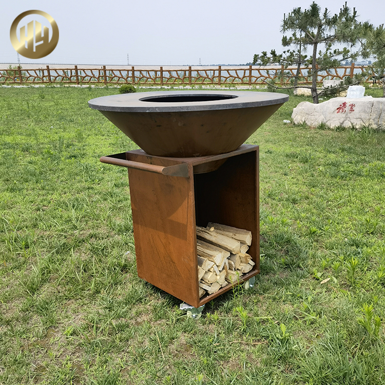 Outdoor Barbecue Round Corten Steel Fire Pit With Rectgular Wood Storage