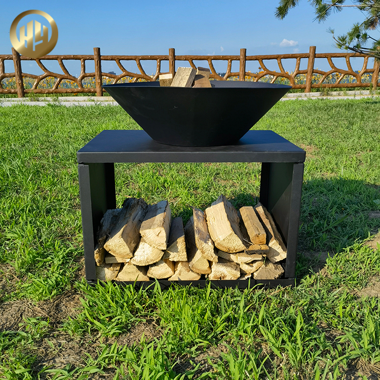 Morden Design Outdoor Barbecue Black Corten Steel Fire Pit With Wood Storage