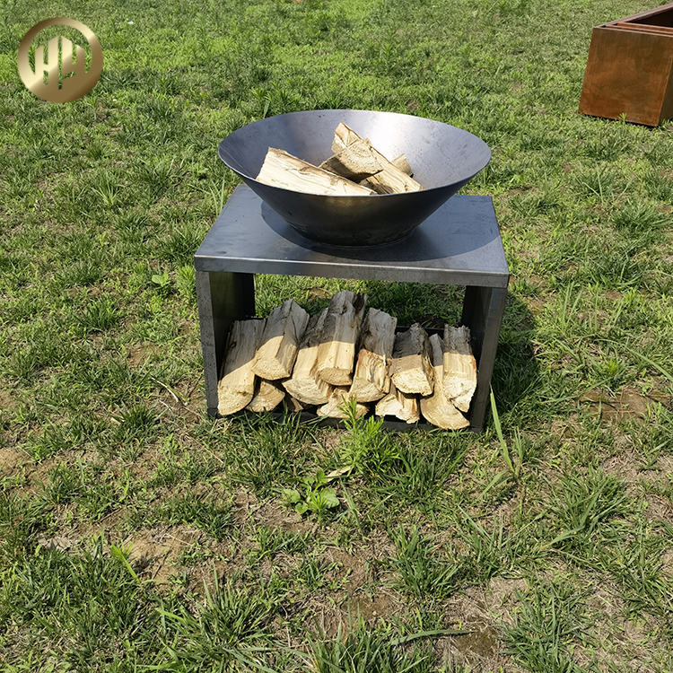 Original Color Corten Steel Round Fire Pit With Rectgular Wood Storage